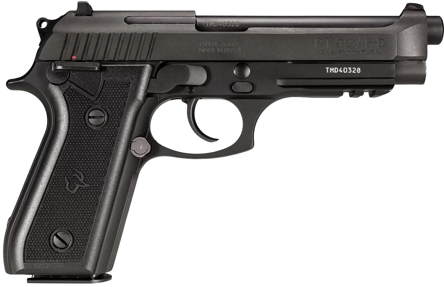 Taurus 1-920151-17 92 Full Size Frame 9mm Luger 17+1 5″ Matte Black Stainless Steel Barrel, Serrated Steel Slide, Black Anodized Aluminum Frame w/Picatinny Rail, Black Rubber Grip, Right Hand