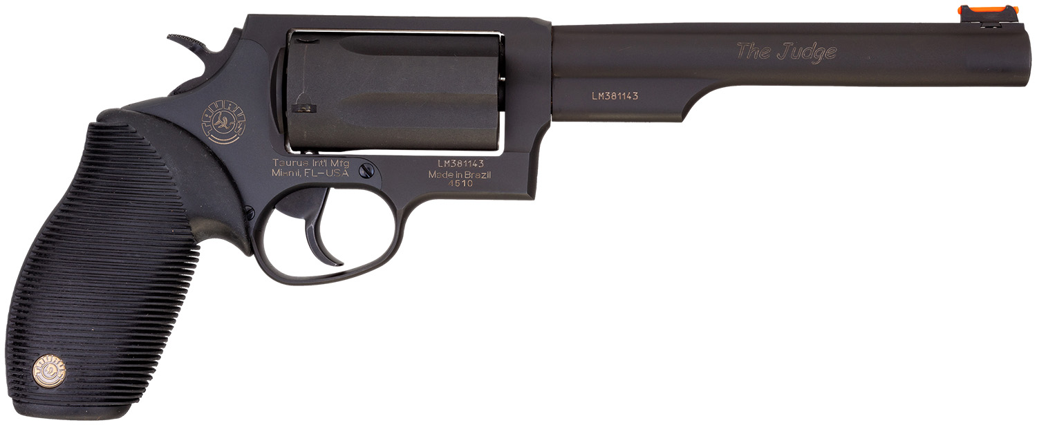 Taurus 2-441061T Judge Compact 45 Colt (Long Colt) 410 Bore 5 Shot 6.50″ Matte Black Oxide Alloy Steel Barrel, Cylinder & Frame, Black Rubber Grip, Transfer Bar Safety, Exposed Hammer