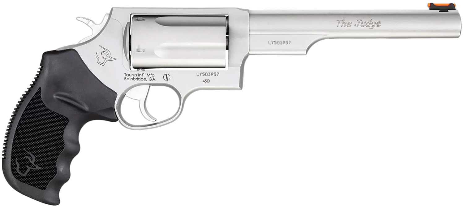 Taurus 2-441069T Judge Compact 45 Colt (Long Colt)/410 Bore 5 Shot 6.50″ Matte Stainless Steel Barrel, Cylinder & Frame, Black Ribber Grip, Transfer Bar Safety, Exposed Hammer