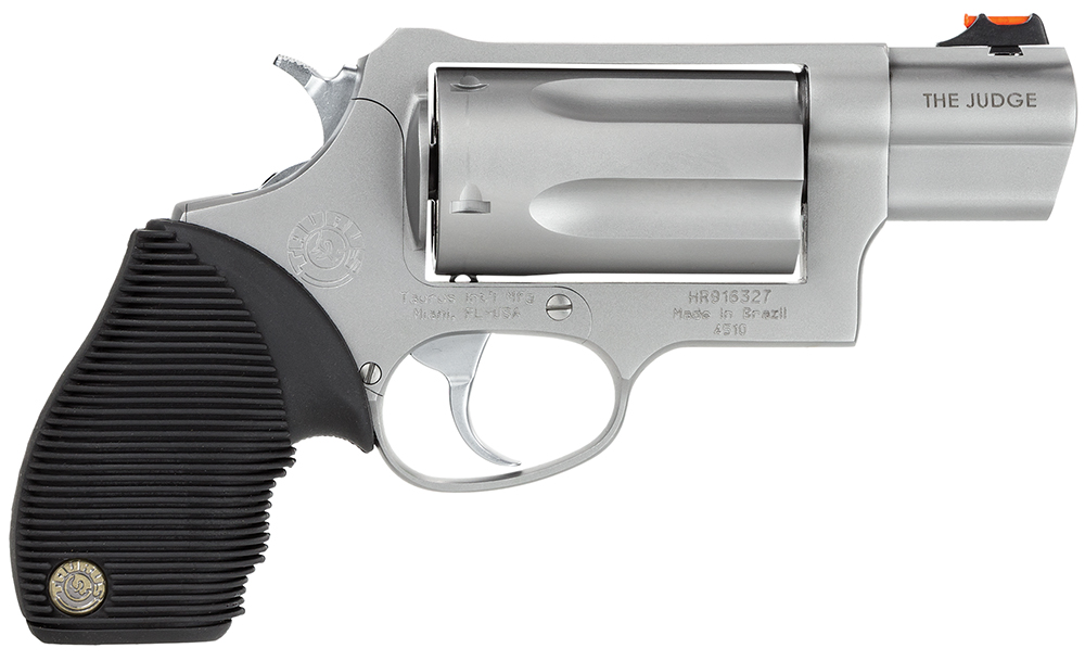 Taurus 2441039TC Judge Public Defender Small Frame 45 Colt (Long Colt)/ 410 Bore 5rd 2″ Matte Stainless Steel Barrel, Cylinder & Frame, Black Ribber Grip, Transfer Bar Safety, Exposed Hammer