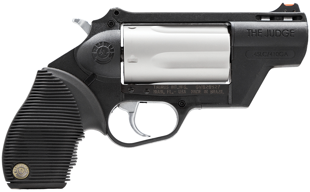 Taurus 2441029TCPLY Judge Public Defender 45 Colt (LC) Caliber or 2.50″ 410 Gauge 5 Shot 2.50″ Black Finish Barrel, Matte Stainless Finish Cylinder, Black Finish Polymer Frame & Black Ribber Grip