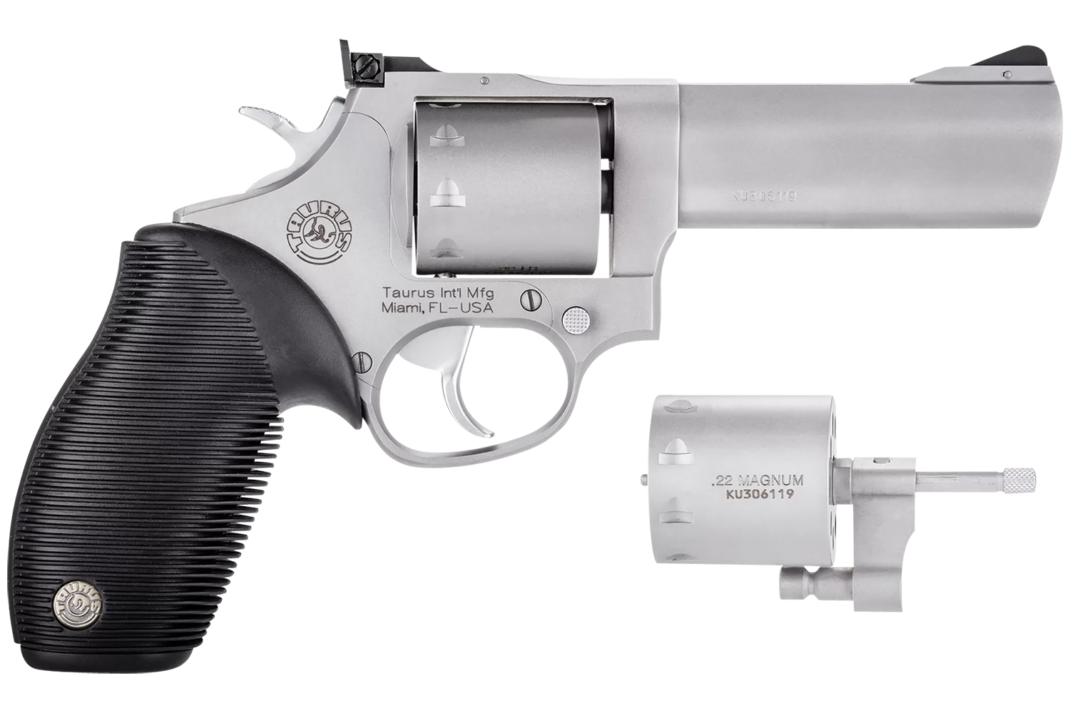 Taurus 2992049 Tracker 992 22 LR or 22 WMR 9rd 4″ Barrel, Overall Matte Finish Stainless Steel & Black Ribber Grip Includes Cylinder