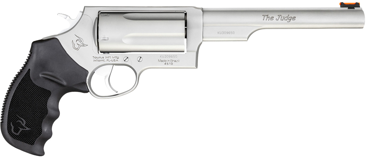 Taurus 2441069MAG Judge Magnum Compact Frame 45 Colt (Long Colt)/410 Gauge 5rd 6.50″ Matte Stainless Steel Barrel, Cylinder & Frame, Black Ribber Grip, Transfer Bar Safety, Exposed Hammer