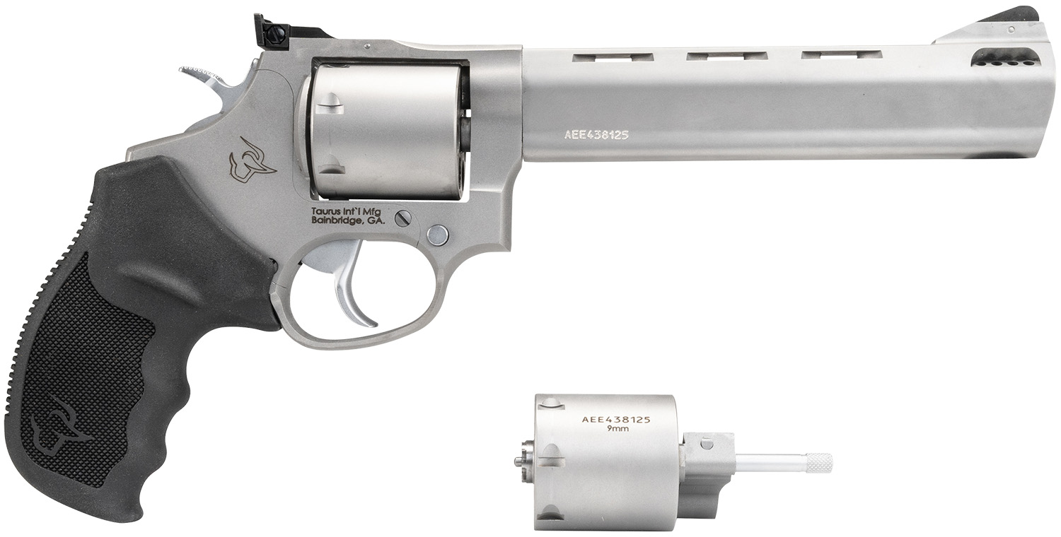 Taurus 2-692069 692 Medium 38 Special +P/357 Mag/ 9mm Luger 7 Shot 6.50″ Matte Stainless Vent Rib Barrel, Cylinder & Frame, Black Ribber Grip, Transfer Bar Safety, Exposed Hammer, 2 Cylinders