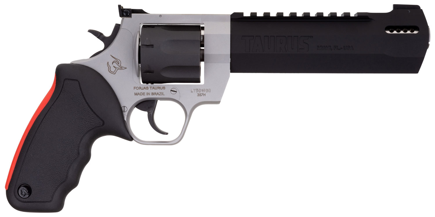 Taurus 2454065RH Raging Hunter 454 Casull 5rd 6.75″ Matte Black Oxide Cylinder & Barrel Matte Stainless Steel Frame Black Rubber with Integrated Red Cushion Insert Grip