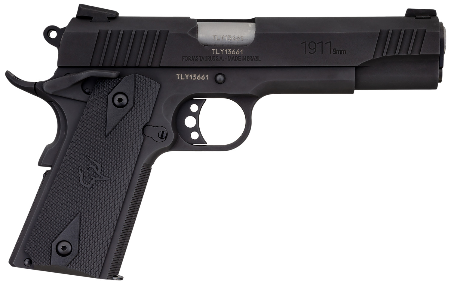 Taurus 11911019MM 1911 9mm Luger 9+1 5″ Barrel, Matte Black Finish Beavertail Frame, Serrated Matte Black Steel Slide & Checkered Polymer Grip Includes Magazine