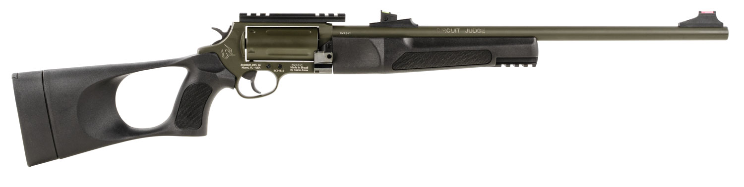 Rossi SCJT4510B Circuit Judge 45 Colt (LC) Caliber or 410 Gauge with 5rd Capacity, 18.50″ Barrel, Moss Green Cerakote Metal Finish & Black Fixed Thumbhole Stock Right Hand (Full Size)