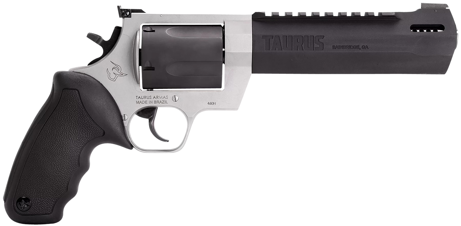 Taurus 2460065RH Raging Hunter 460 S&W Mag 5rd 6.75″ Matte Black Oxide Barrel & Cylinder Matte Stainless Steel Frame Black Rubber with Integrated Cushion Insert Grip