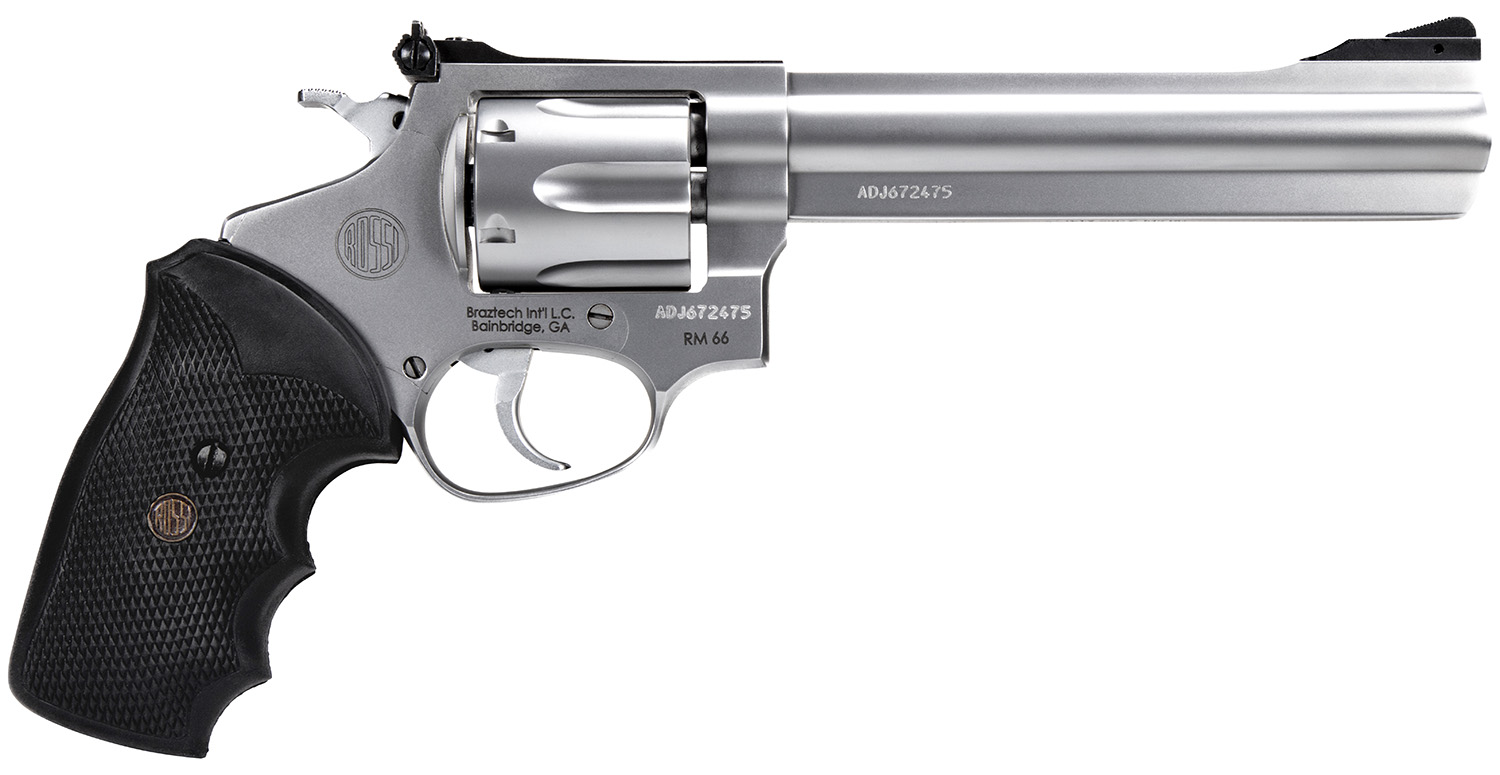 Rossi 2RM669 RM66 357 Mag 6 Shot 6″ Satin Stainless Steel Barrel, Cylinder & Frame Black Checkered Rubber Grip