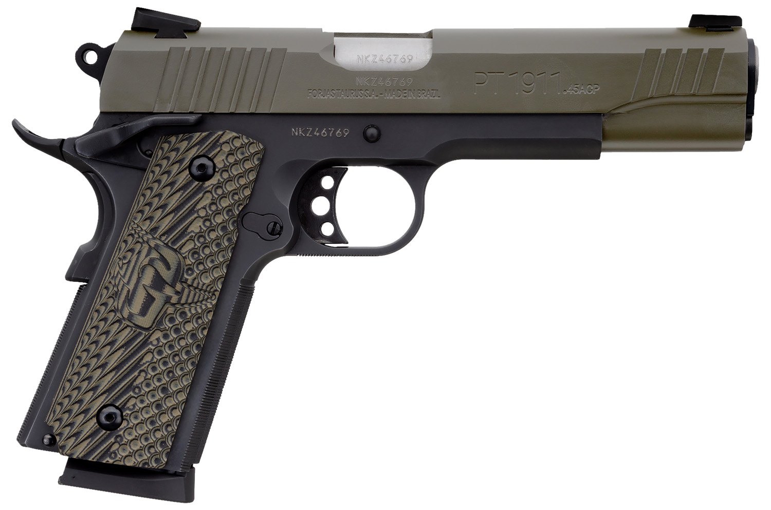 Taurus 1191101MGVZ 1911 45 ACP 8+1 5″ Barrel, Matte Black Finish Beavertail Frame, Serrated Mil-Spec Green Cerakote Slide & Brown VZ Operator II Grip