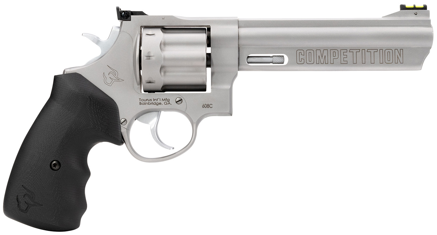 Taurus 2-608069CMP 608 Competition 357 Mag/38 Special +P 8 Shot 6″ Matte Stainless Steel Barrel, Cylinder & Frame, Black Finger Grooved Grip, Transfer Bar Safety, Exposed Hammer