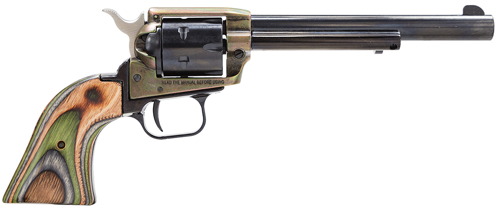 Heritage Mfg RR22CH6 Rough Rider  22 LR 6 Shot, 6.50″ Black Oxide Steel Barrel, Simulated Case Hardened Zinc Alloy Frame, Black Oxide Cylinder, Camo Laminate Grip, Manual Safety, Exposed Hammer