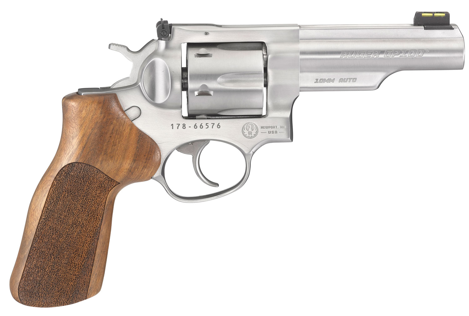 Ruger 1775 GP100 Match Champion 10mm Auto 6rd 4.20″ Satin Stainless Half-Lug Barrel, Cylinder & Frame, Hogue Stippled Hardwood Grip, Transfer Bar Safety