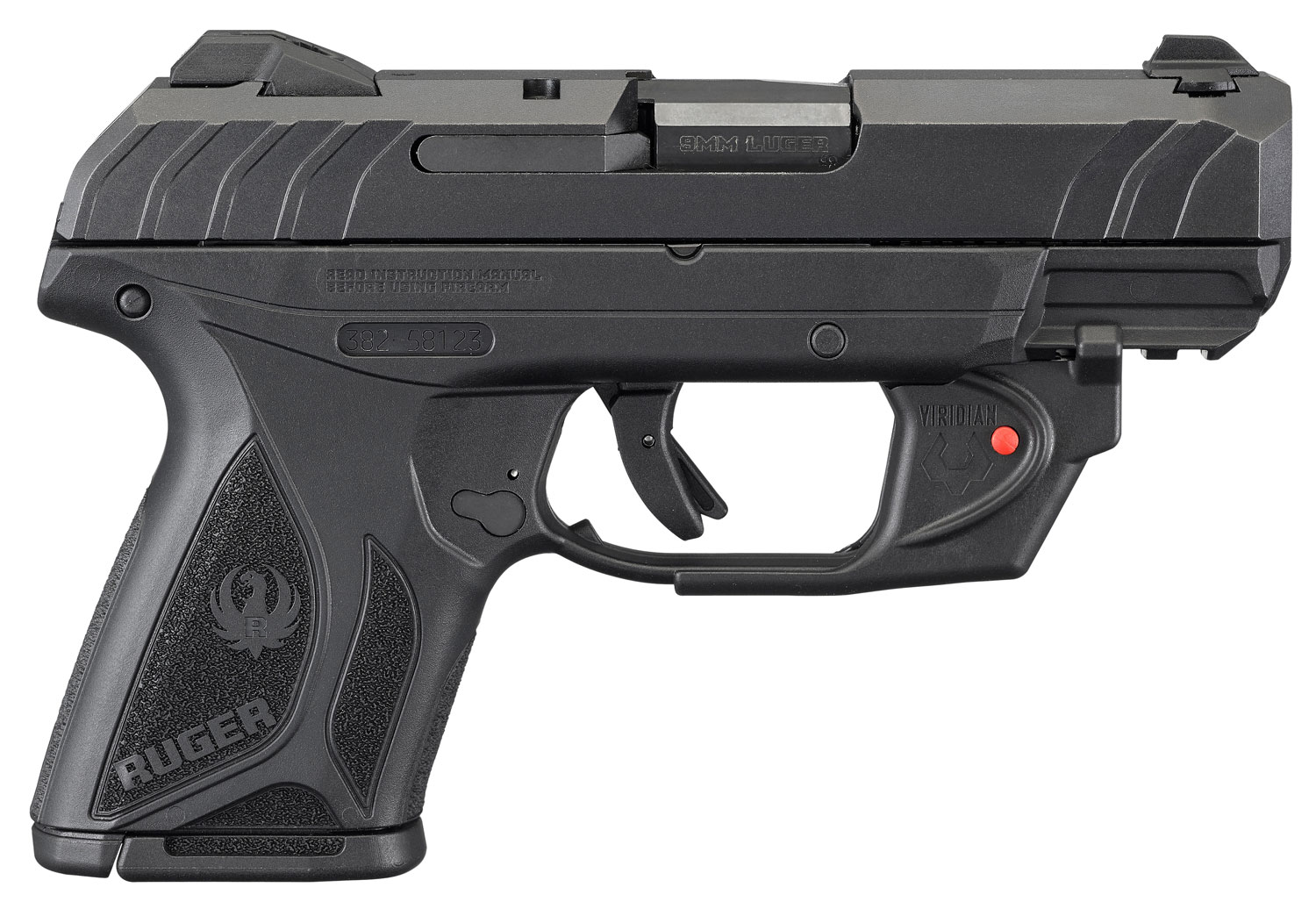 Ruger 3830 Security-9 Compact 9mm Luger 3.42″ Barrel 10+1, Black Nylon Grip Frame With Picatinny Acc. Rail, Black Oxide Steel Slide, Manual Safety, Includes Viridian Red Laser