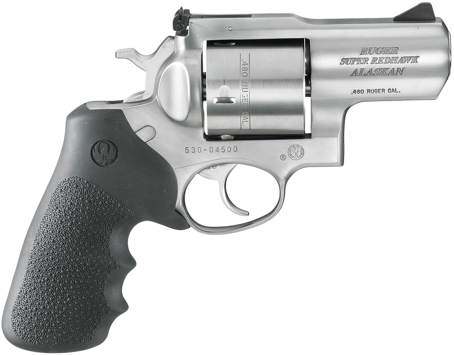 Ruger 5302 Super Redhawk Alaskan Small Frame 480 Ruger 6rd 2.50″ Satin Stainless Steel Barrel, Cylinder & Frame, Black Hogue Finger Groove Monogrip, Transfer Bar Safety Exposed Hammer
