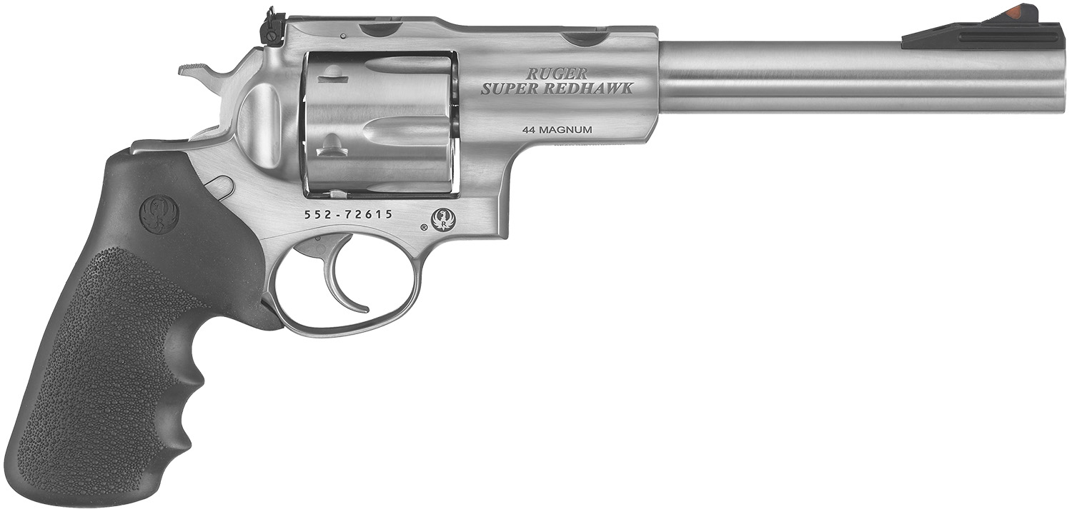 Ruger 5501 Super Redhawk  44 Rem Mag/44 Special 6rd 7.50″ Satin Stainless Steel w/Integral Mount Barrel, Satin Stainless Cylinder & Frame, Black Hogue Tamer Monogrip, Transfer Bar Safety
