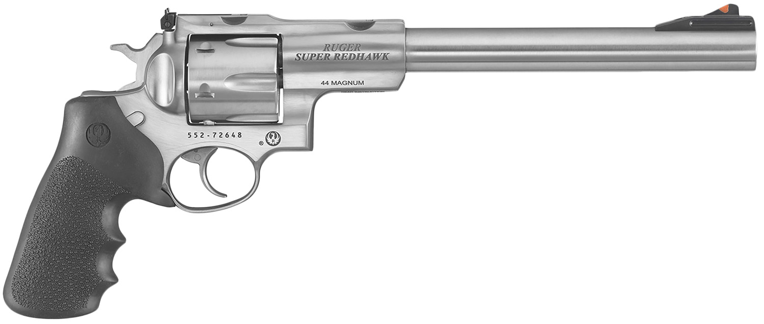 Ruger 5502 Super Redhawk Large Frame 44 Rem Mag/44 Special 6rd 9.50″ Satin Stainless Steel w/Integral Mount Barrel, Satin Cylinder & Frame, Hogue Tamer Monogrip, Transfer Bar Safety, Exposed Hammer