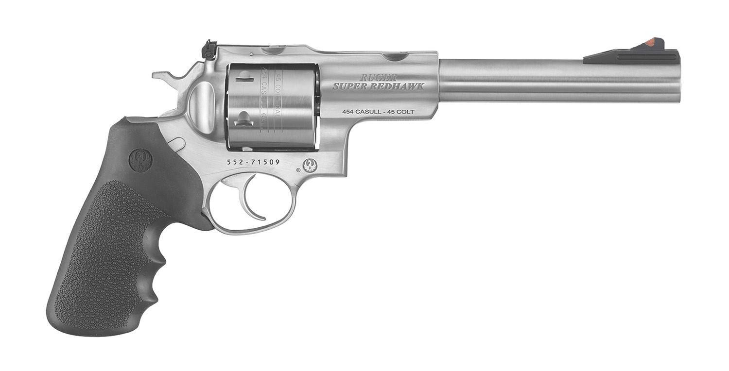 Ruger 5505 Super Redhawk Large Frame 454 Casull 6rd 7.50″ Satin Stainless w/Integral Mount Barrel, Satin Stainless Cylinder & Frame, Black Hogue Finger Groove Tamer Monogrip, Transfer Bar Safety