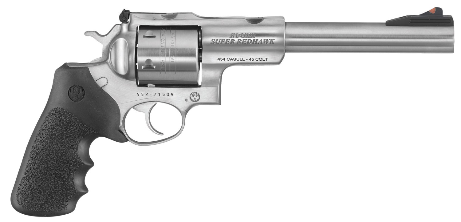Ruger 5507 Super Redhawk Large Frame 480 Ruger 6rd 7.50″ Satin Stainless w/Integral Mount Barrel, Satin Stainless Steel Cylinder & Frame, Hogue Tamer Monogrip, Transfer Bar Safety, Exposed Hammer