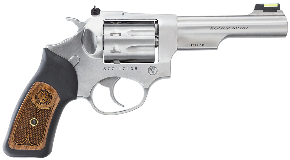 Ruger 5765 SP101 22 LR 8rd 4.20″ Satin Stainless Steel Barrel, Cylinder & Frame, Black Rubber w/Wood Insert Grip, Transfer Bar Safety, Exposed Hammer