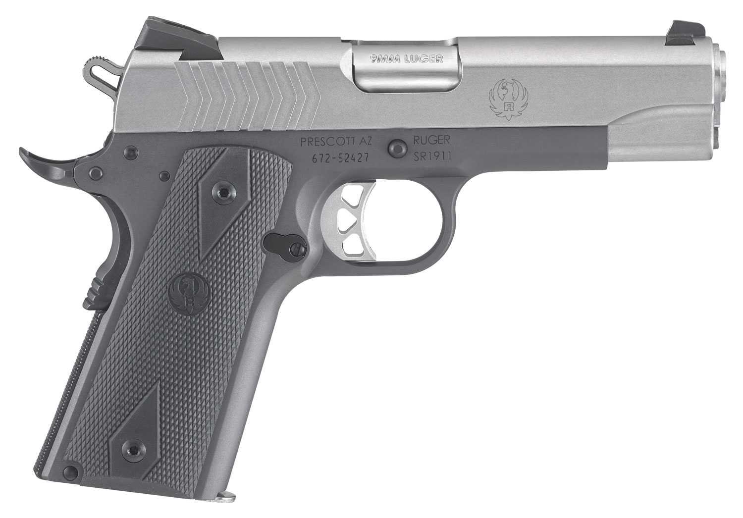 Ruger 6722 SR1911 Commander-Style 9mm Luger 9+1 4.25″ Stainless Steel Barrel, Low-Glare Stainless Serrated Steel Slide, Tungsten Gray Cerakote Aluminum Frame w/Beavertail, Black Rubber Grip