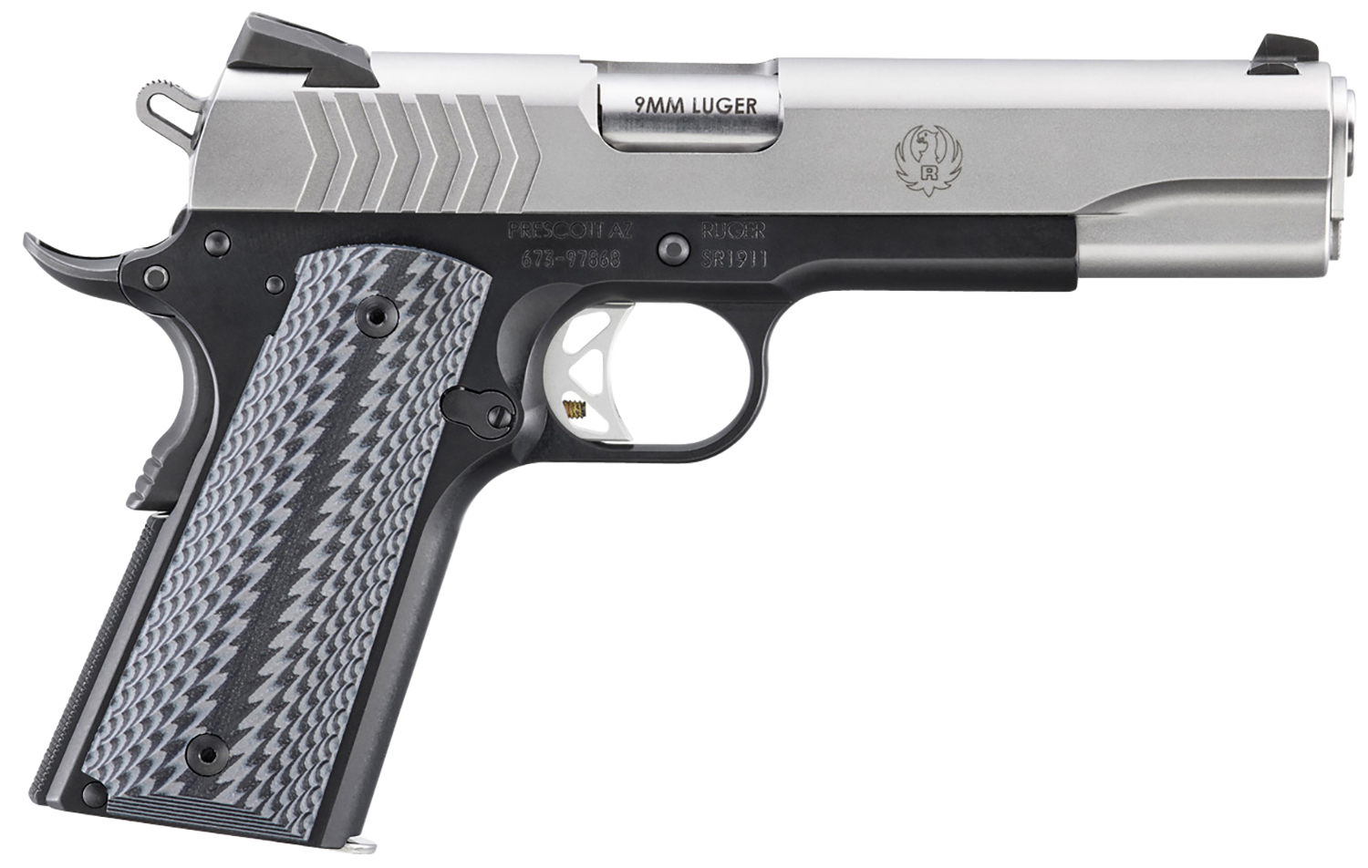 Ruger  SR1911  Full Size 9mm Luger 9+1 5″ Stainless Steel Barrel, Satin Stainless Steel Serrated Slide, Black Anodized Aluminum Frame w/Beavertail, Black/Gray G10 Grip