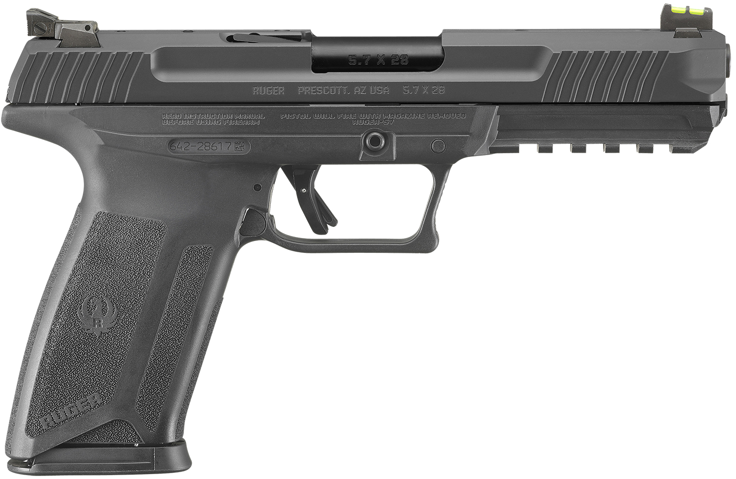 Ruger 16403 Ruger-5.7 Pro 5.7x28mm 20+1 4.94″ Black Nitride Alloy Steel Barrel, Black Oxide Optic Cut/Serrated Steel Slide, Black Polymer Frame w/Picatinny Rail, Black Polymer Grip, Right Hand