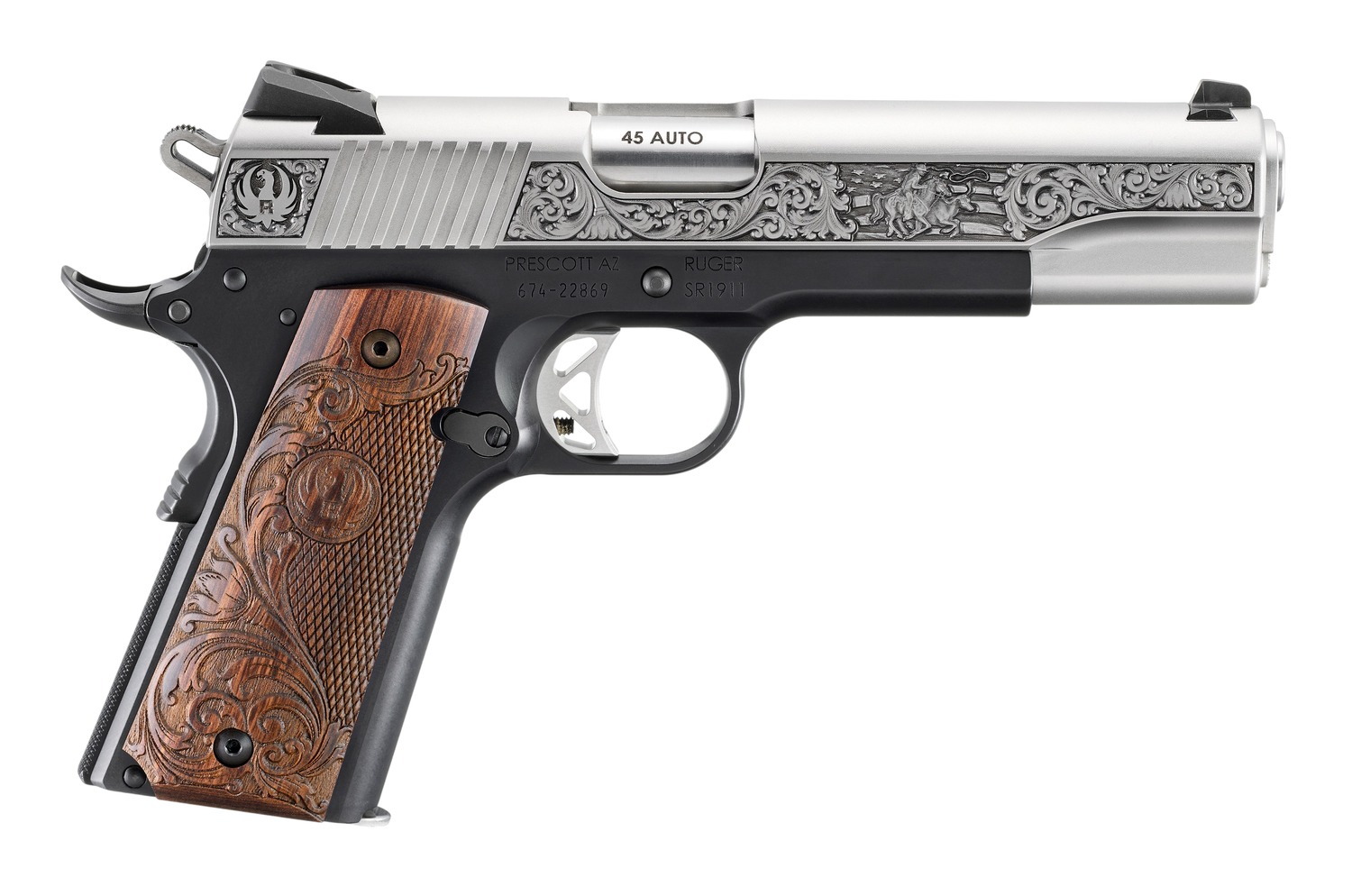Ruger 16706 SR1911 Limited Edition 45 ACP 8+1 5″ Stainless Steel Barrel, Low-Glare Stainless Steel Serrated w/Engraving Slide, Black Anodized Aluminum Frame w/Beavertail, Custom Wood Engraved Grip