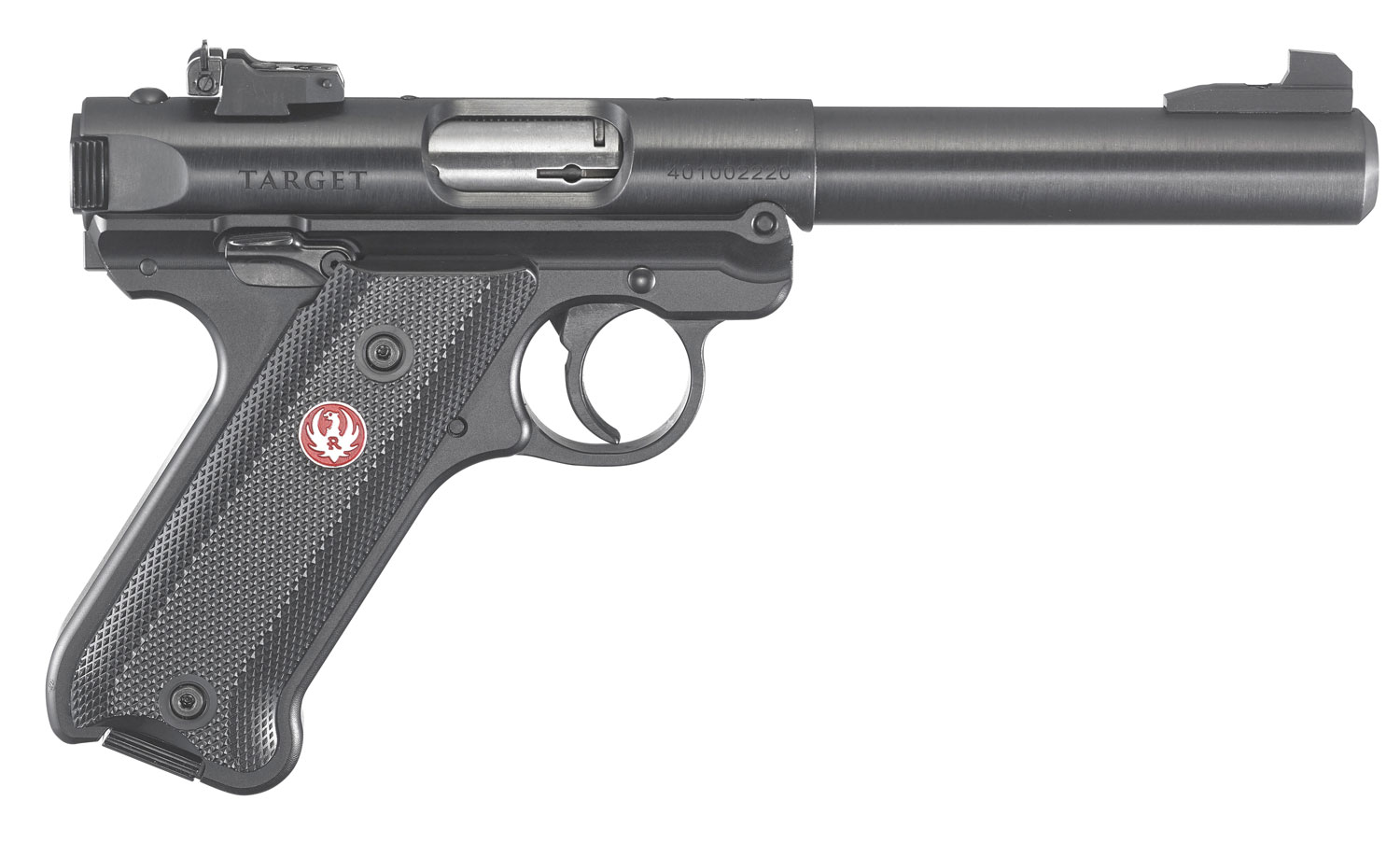 Ruger 40101 Mark IV Target 22 LR 10+1 5.50″ Blued Bull Barrel Blued. Blued Aluminum Frame, Drilled & Tapped Receiver, Black Checkered Polymer Grip, Right Hand
