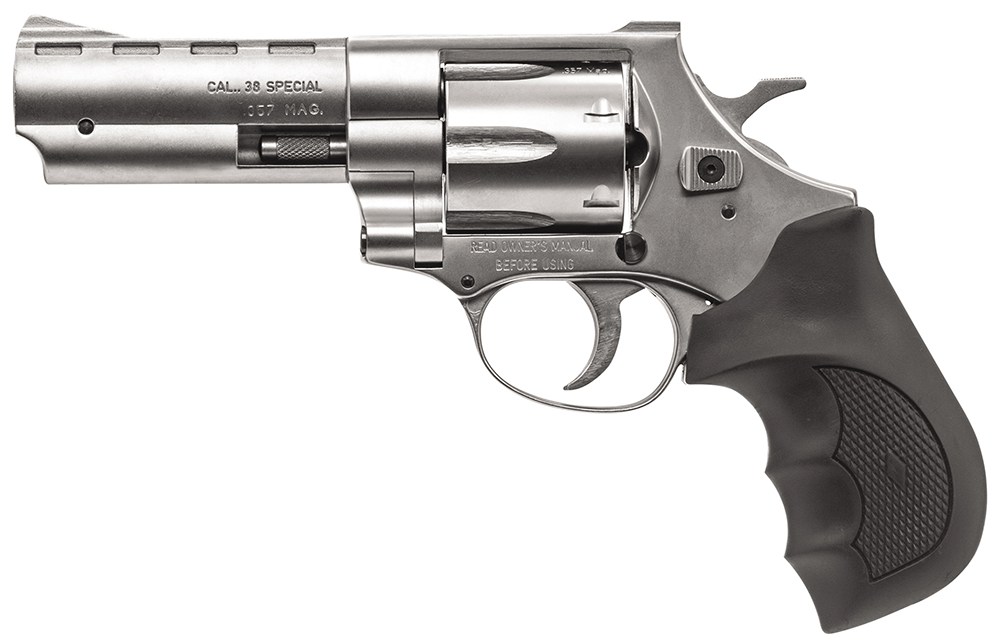 Weihrauch Guns 770128 Windicator  Medium Frame 357 Mag 6 Shot, 4″ Nickel Steel Barrel, Nickel Cylinder, Nickel Steel Frame, Black Finger Grooved Rubber Grip, Spurred Hammer