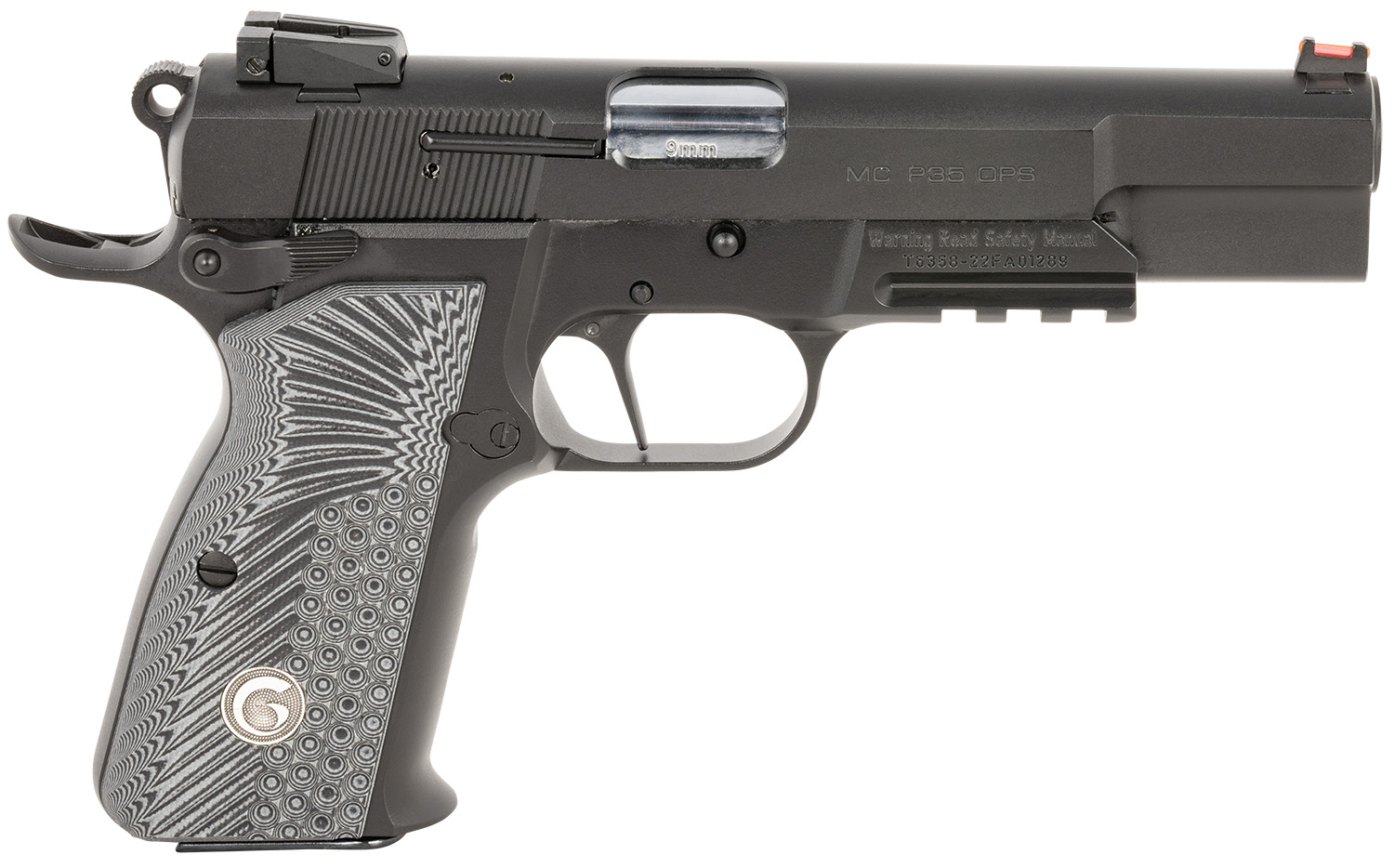 EAA GIRSAN 390470 MCP35 Match 9mm Luger 15+1 4.87″ Stainless Steel Barrel, Matte Black Serrated Slide, Matte Black Steel Frame w/Accessory Rail & Beavertail, Black/Gray Checkered Grips Ambidextrous