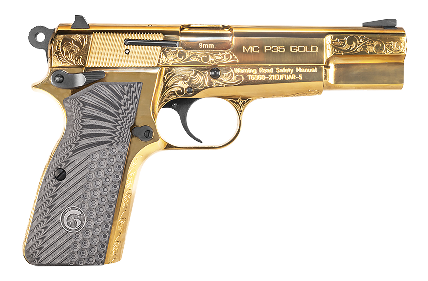 Girsan 390488 MC P35 9mm Luger 15+1 4.87″ Gold Plated PVD Stainless Steel Barrel, Gold Finish Engraved Serrated Stainless Steel Slide, Gold Plated Steel Frame w/Beavertail, G10 Grip