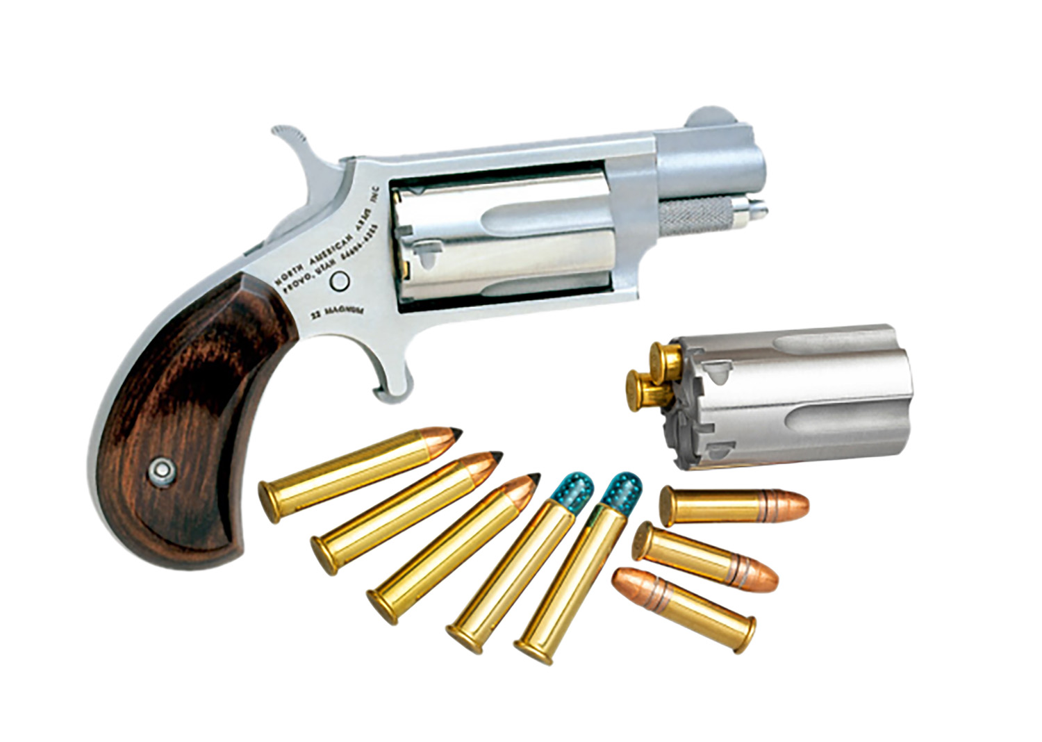 North American Arms 22MSC Mini-Revolver 22 LR/22 WMR 5 Shot 1.13″ Stainless Steel Barrel, Frame & Cylinder, Rosewood Birdshead Grip Exposed Hammer