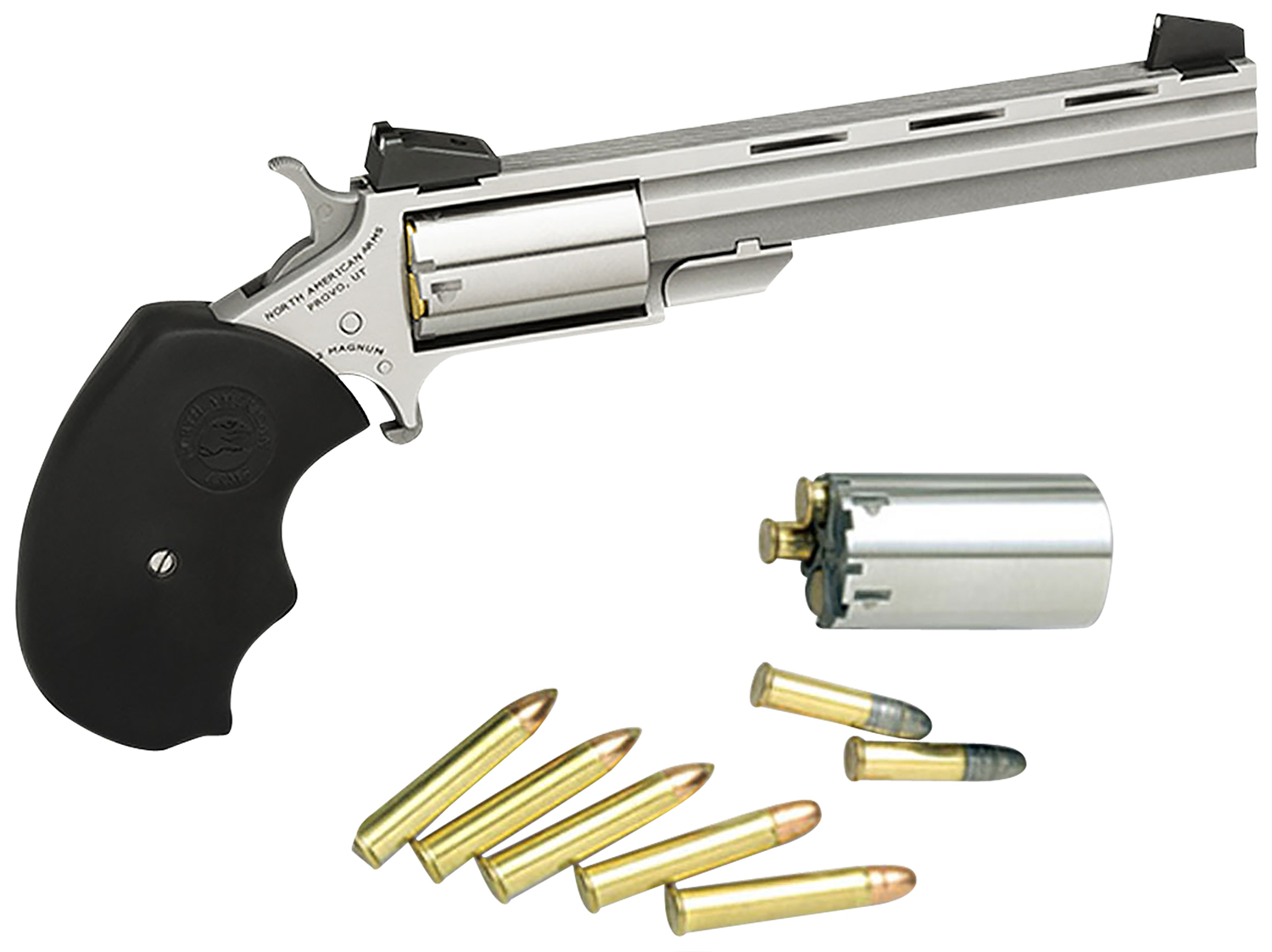 North American Arms MMTC Mini-Master *CA Compliant 22 LR/22 WMR 5 Shot 4″ Stainless Steel Vent Rib Barrel, Stainless Steel Frame, Stainless Cylinder, Black Finger Grooved Rubber Grip, Exposed Hammer