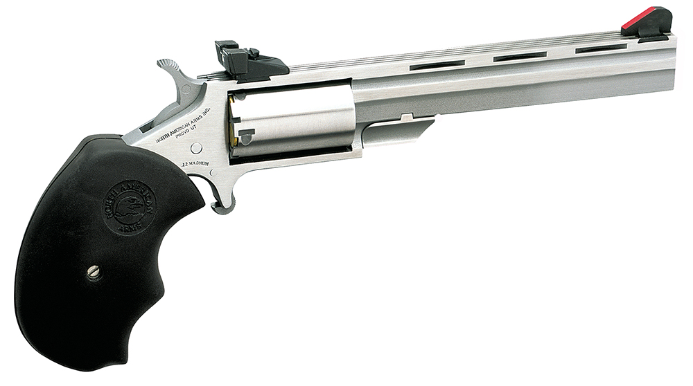 North American Arms MMTM Mini-Master *CA Compliant 22 WMR 5 Shot 4″ Stainless Steel Vent Rib Barrel, Stainless Steel Frame, Stainless Cylinder, Black Finger Grooved Rubber Grip, Exposed Hammer