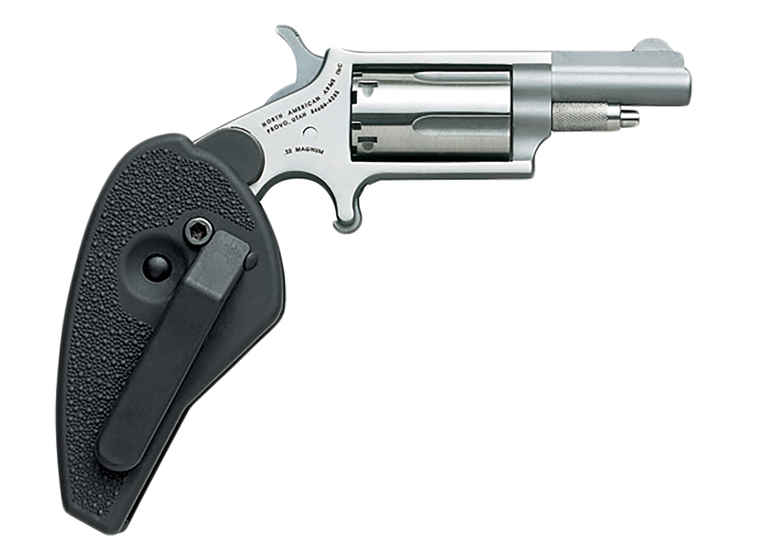 North American Arms 22MHG Mini-Revolver  22 WMR 5 Shot 1.63″ Stainless Steel Barrel, Frame & Cylinder, Black Synthetic Holster Grip, Exposed Hammer