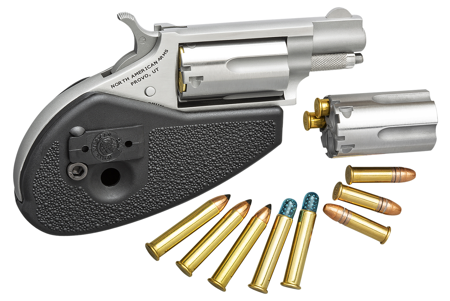 North American Arms 22MSCHG Mini-Revolver 22 LR/22 WMR 5 Shot 1.13″ Stainless Steel Barrel, Frame & Cylinder, Black Synthetic Holster Grip, Exposed Hammer