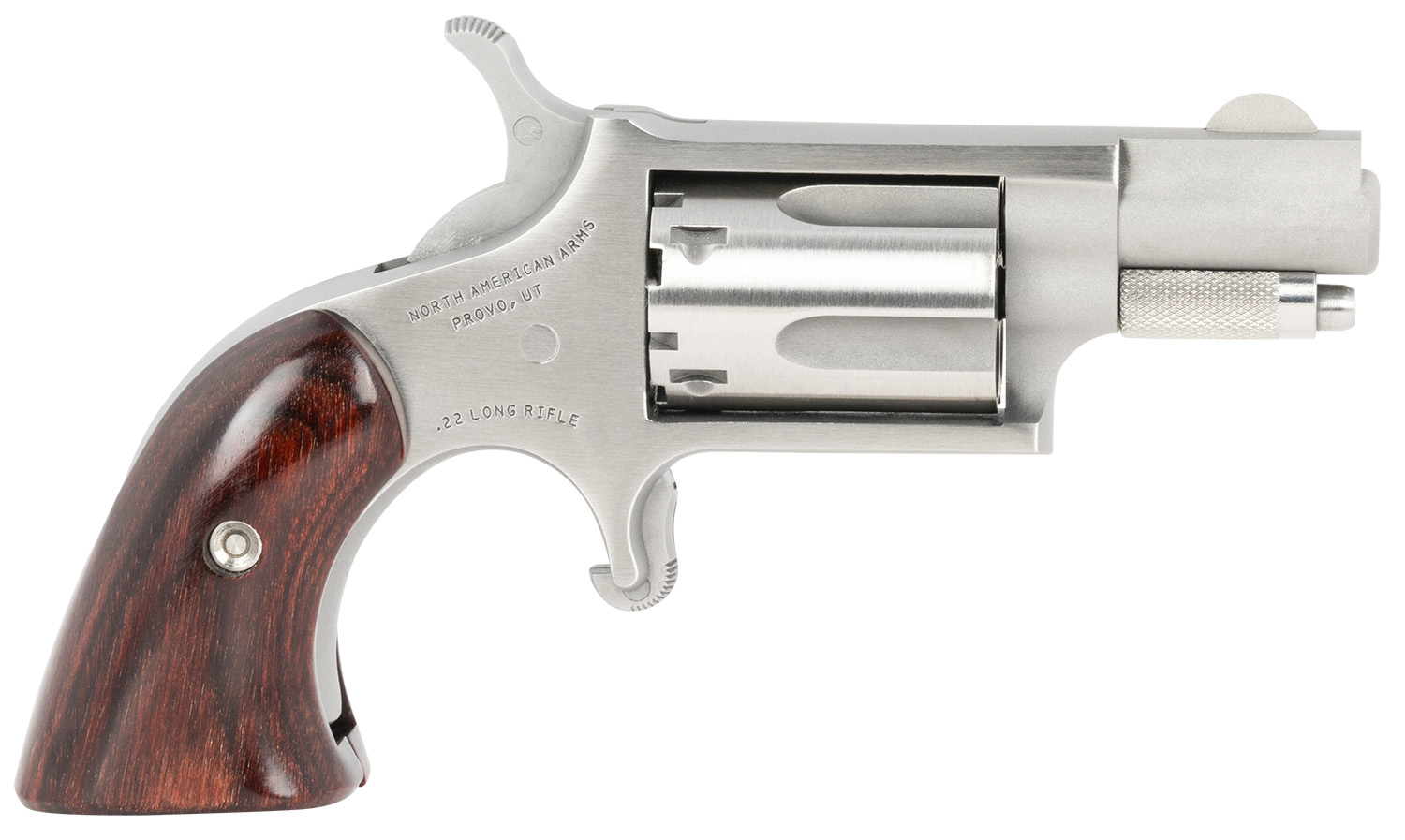 North American Arms 22LRGBG Mini-Revolver Sports South Exclusive 2 LR 5 Shot 1.13″ Stainless Steel Barrel, Frame & Cylinder, Wood Boot Grip, Exposed Hammer