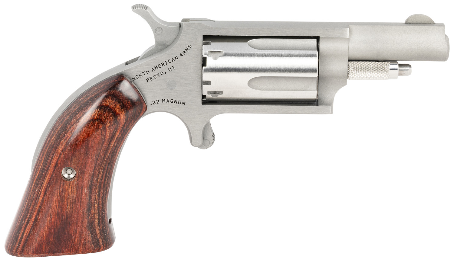North American Arms 22MGBG Mini-Revolver Sports South Exclusive 22 WMR 5 Shot 1.63″ Stainless Steel Barrel, Frame & Cylinder, Wood Boot Grip, Exposed Hammer