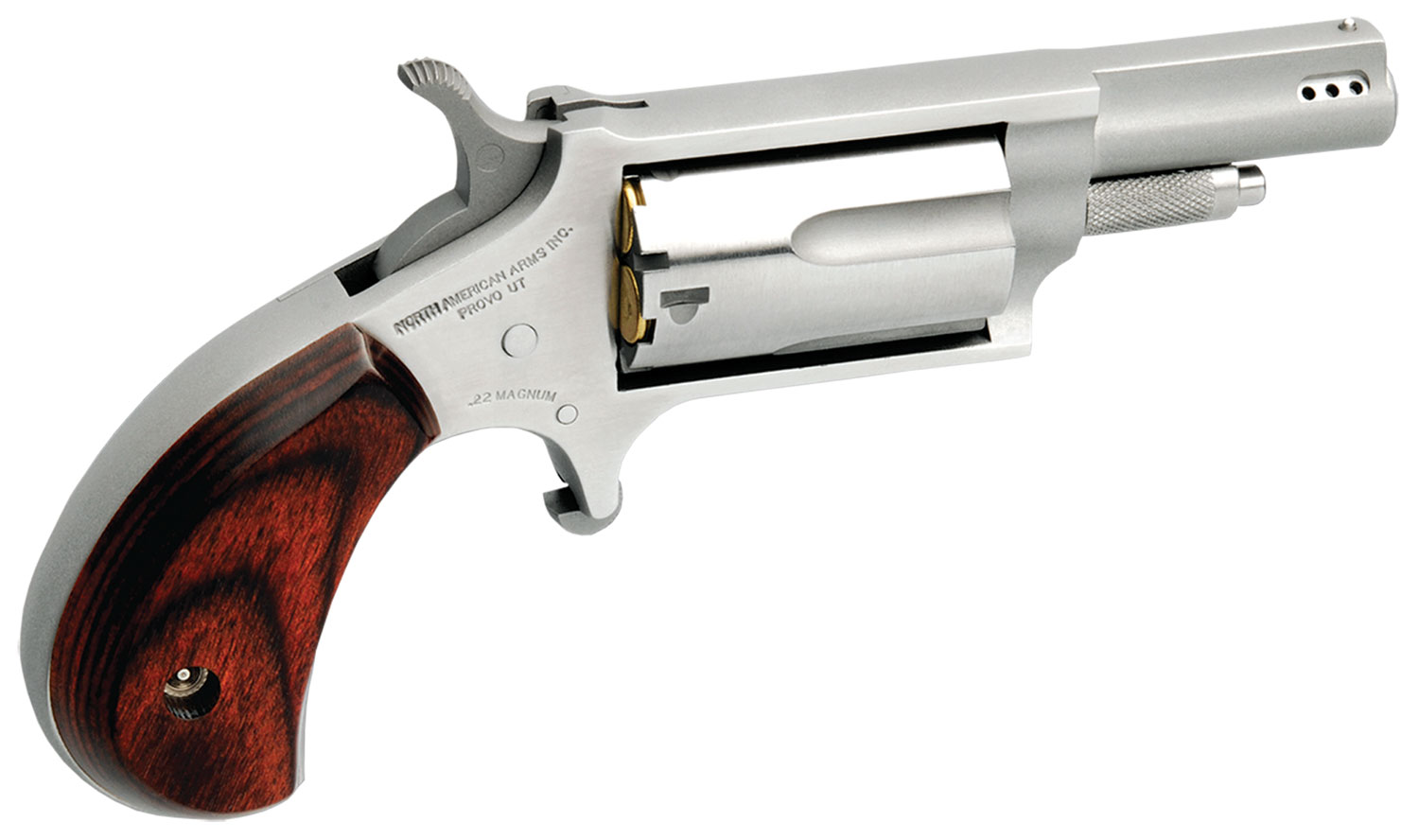 North American Arms 22MP Mini-Revolver  22 WMR 5 Shot 1.63″ Stainless Steel Ported Barrel, Stainless Steel Frame & Cylinder, Rosewood Birdshead Grip, Exposed Hammer