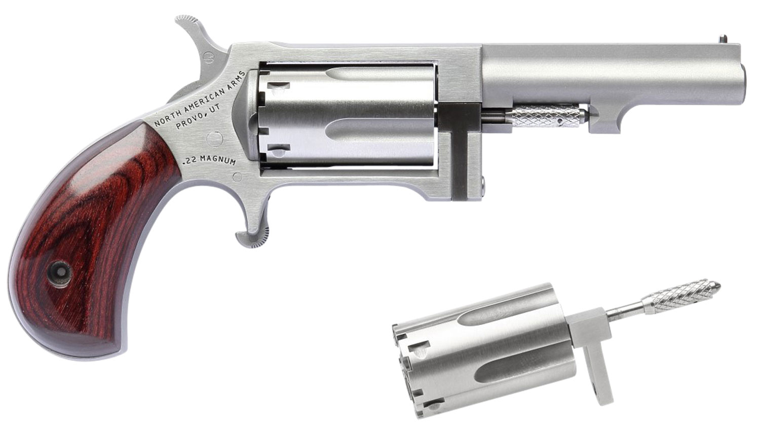 North American Arms SWC250 Sidewinder  22 LR 22 WMR 5 Shot 2.50″ Stainless Steel Barrel, Frame & Cylinder, Rosewood Birdshead Grip Exposed Hammer