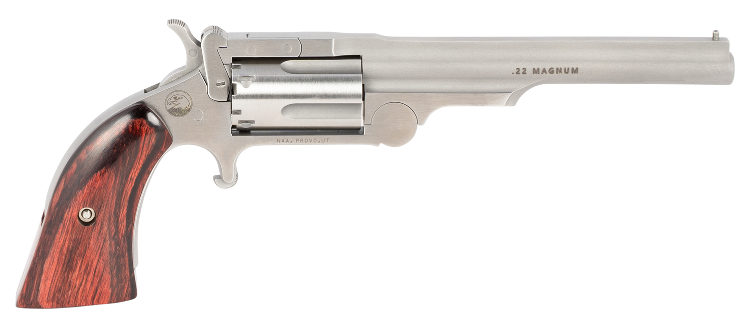 North American Arms 22MR4 Ranger II  22 WMR 5 Shot 4″ Stainless Steel Barrel, Stainless Steel Frame, Stainless Cylinder, Rosewood Boot Grip, Exposed Hammer