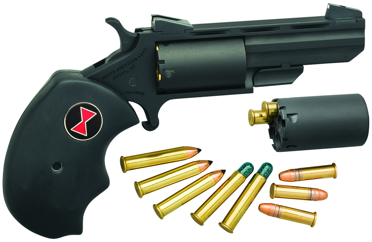 North American Arms BWCCRK Black Widow 22 LR or 22 WMR 5 Shot 2″ Vent Rib Barrel, Overall Stainless Finish, Finger Grooved Black Rubber Grip & Fixed Sights Includes Cylinder