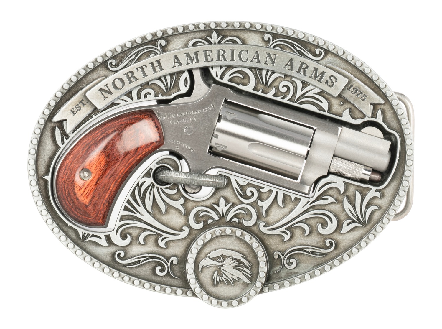 North American Arms 22MSBBO Chuckwagon w/Belt Buckle 22 Mag 5rd Shot 1.13″ Matte Stainless Steel Barrel, Stainless Cylinder & Frame, Rosewood Grip