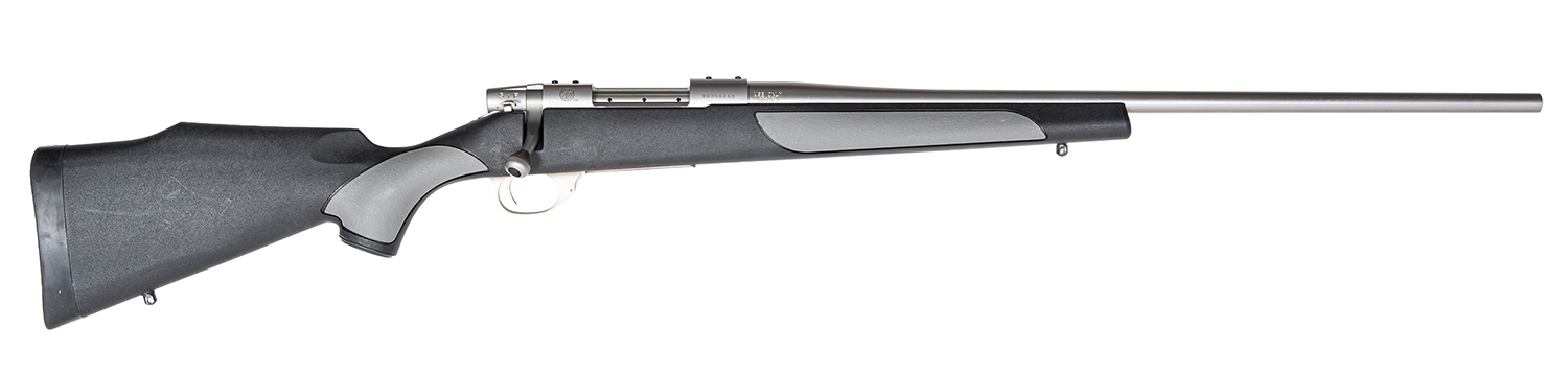 Weatherby Vanguard Weatherguard Full Size 308 Win 4+1 22″ Satin Threaded Barrel, Satin Stainless Steel Drilled & Tapped Receiver, Black/Gray Weatherguard Stock