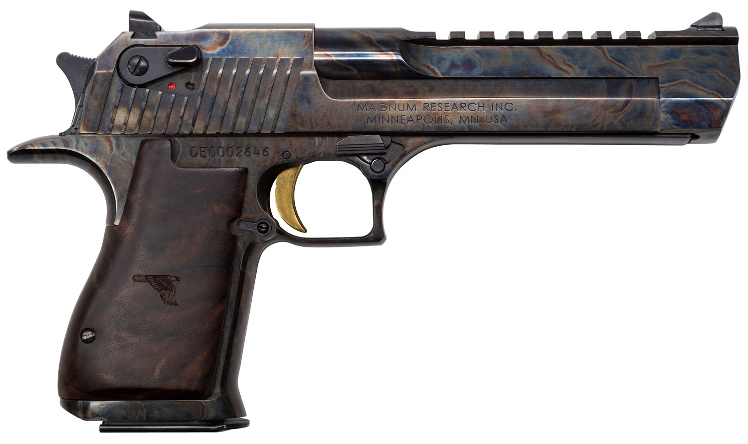 Magnum Research DE357CH Desert Eagle Mark XIX 357 Mag 6″ 9+1 Color Case Hardened Carbon Steel with Clear Cerakote Frame & Slide Walnut with Engraved Desert Eagle Logo Grip