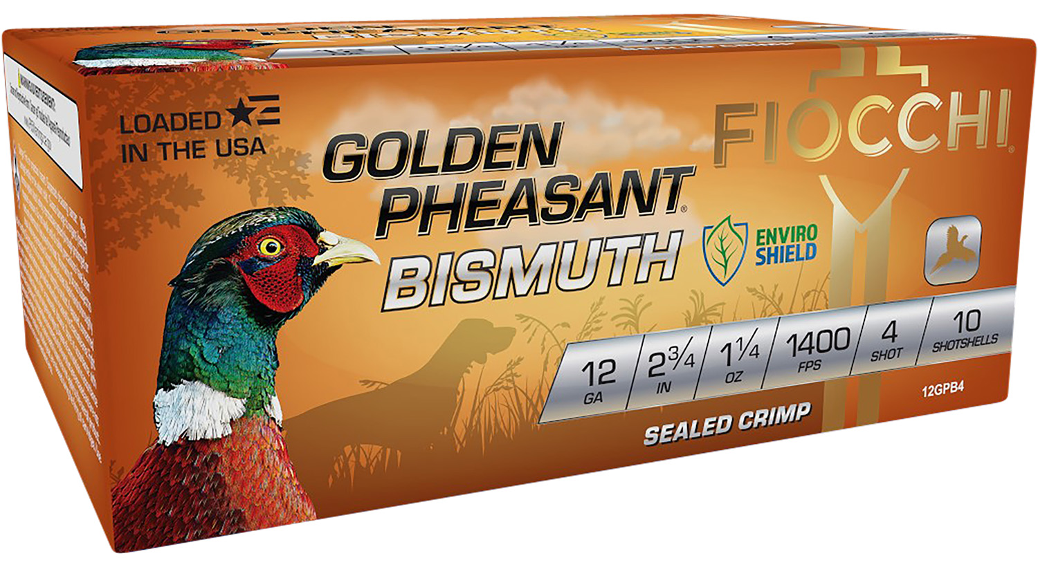 Fiocchi 12GPB4 Golden Pheasant Bismuth 12Gauge 2.75″ 1 1/4oz 4Shot 10 Per Box/10 Case