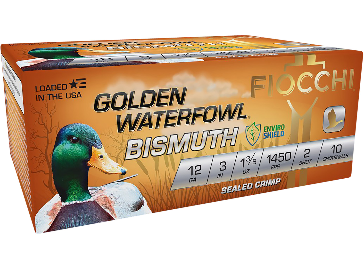 Fiocchi 123GB2 Golden Waterfowl Bismuth 12Gauge 3″ 1 3/8oz 2Shot 10 Per Box/10 Case