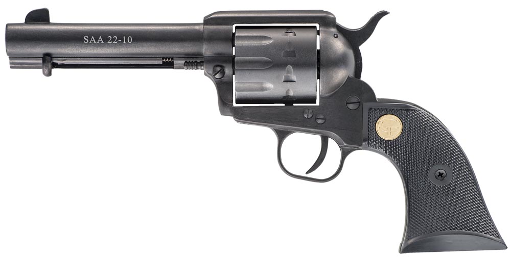 Chiappa Firearms CF340155 SAA 1873  Medium Frame 22 LR 10 Shot, 4.75″ Blued Steel Barrel, Blued Steel Frame, Blued Cylinder, Black Plastic Grip, Exposed Hammer