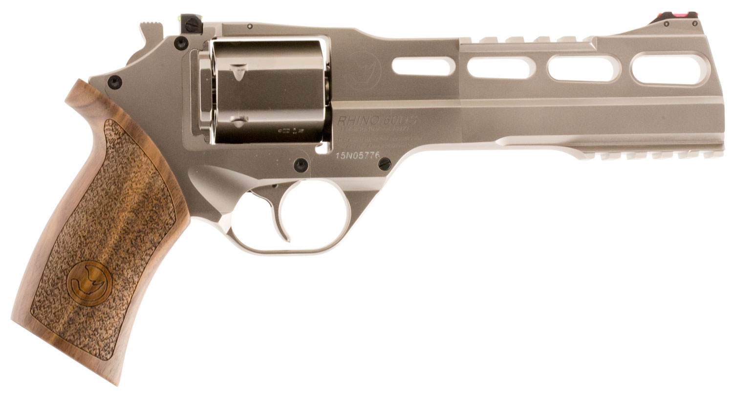 Chiappa Firearms 340224 Rhino 60DS Small Frame 357 Mag 6 Shot, 6″ Nickel-Plated Steel Vent Rib Barrel & Cylinder, Nickel-Plated Aluminum Frame, Walnut Grip, Concealed Hammer